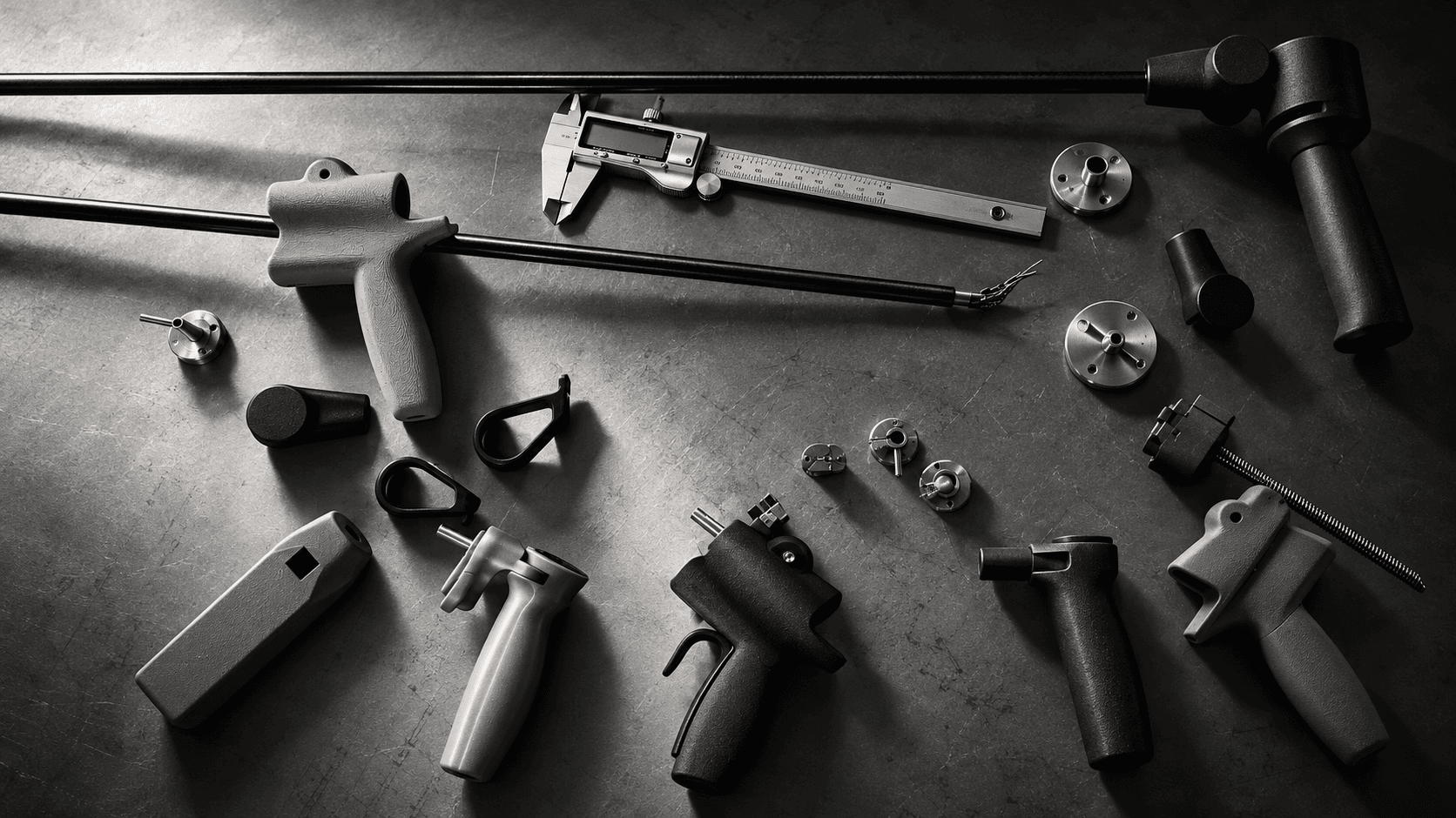 Physical medical device prototype and components laid out on a workbench